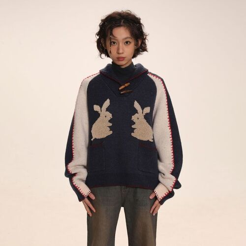 MROMRO 버니 그래픽 숄카라 스웨터 (2 컬러)